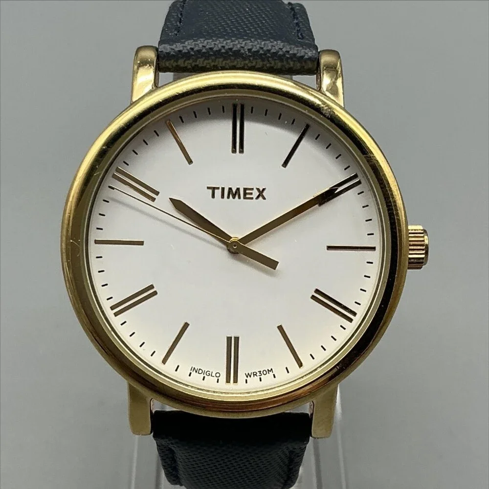 Timex Indiglo Mens Watch 38mm Gold Tone Leather TW2P63400 New Battery